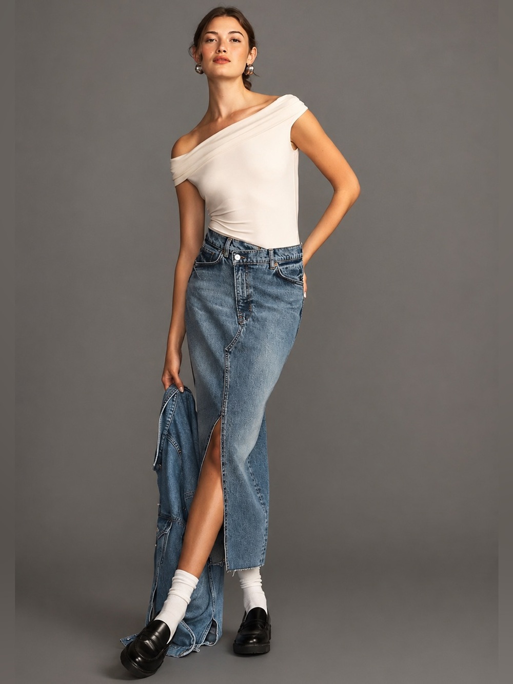 Reformation Nila Long Denim Midi Skirt Galaway Size 23 Organic Cotton Blend